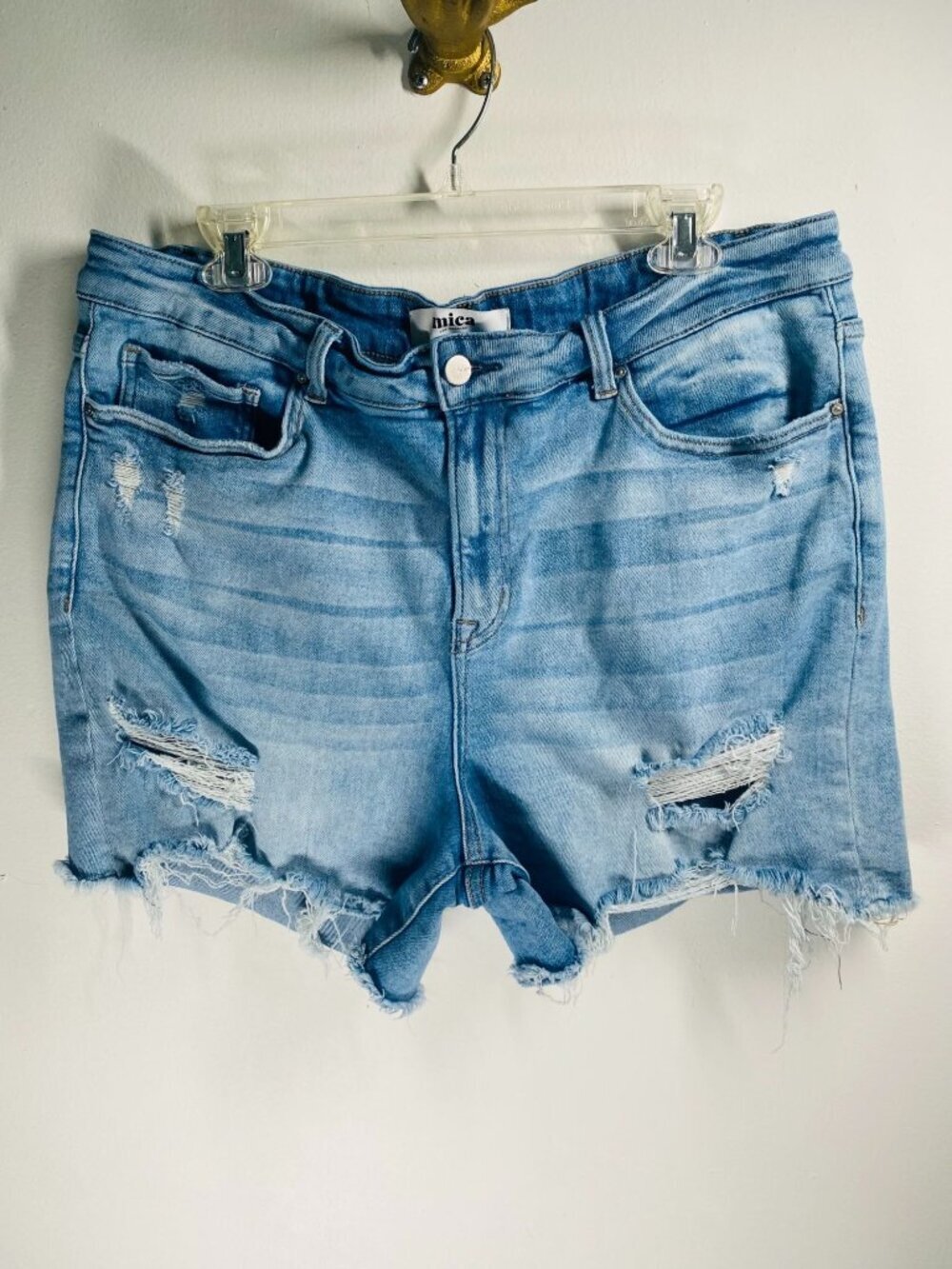 Mica Los Angeles 2X Distressed Light Wash Denim Shorts With Stretch & Frayed Hem